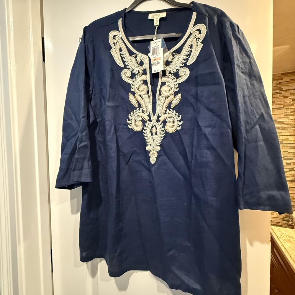 Charter Club Blue Embellished Tunic 3/4 Sleeve